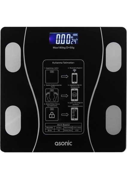 Asonic BS260 Siyah 260X260 mm Dijital Bluetooth Baskül Ev Tipi Banyo Tartısı