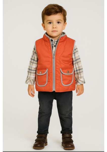 Erkek Çocuk Fermuar Kapama Cepli Şişme Yelek Dokuma Gömlek Lastikli Bel Keten Pantolon Takım