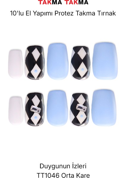 10'lu Mavi Orta Kare TT1046 Tekrar Kullanılabilir El Yapımı Protez Takma Tırnak - Mavi-L