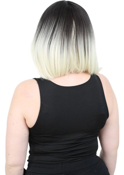 Kısa Küt Perçemli Fiber Sentetik Peruk - Küllü Siyah / Platin Ombreli fırsatları