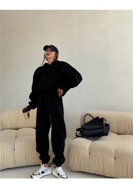 Unisex 3 Iplik Içi Pamuklu Bol Oversize Paçası Lastikli Jogger Eşofman Takım