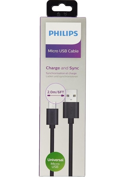 Usb-Micro USB Şarj Kablosu, 2 Metre, Pvc, Siyah (DLC3106U/00)