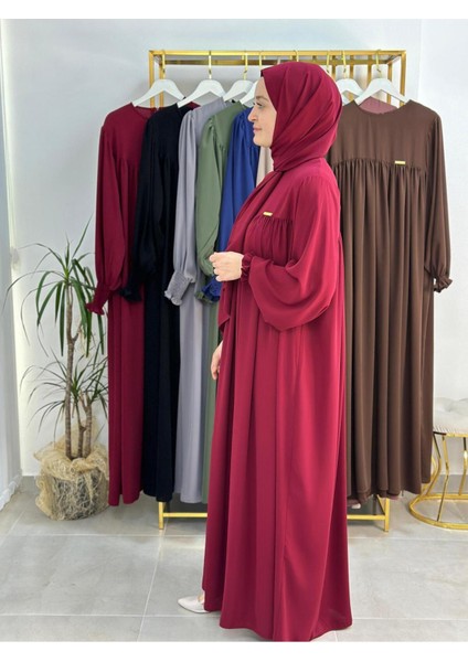 Şallı ve Üsten Robalı,kemerli Elbise Takım .hijap ,abaya (Hac ve Umre Için Uygundur) Bordo modelleri