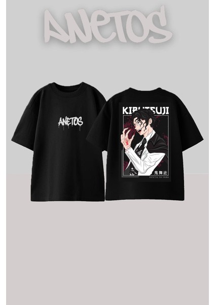 Demon Slayer 8 Tasarım Sırt Baskılı Pamuk Siyah Oversize T-Shirt