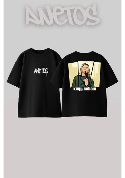 Kurt Cobaın Gta Tasarım Sırt Baskılı Pamuk Siyah Oversize T-Shirt