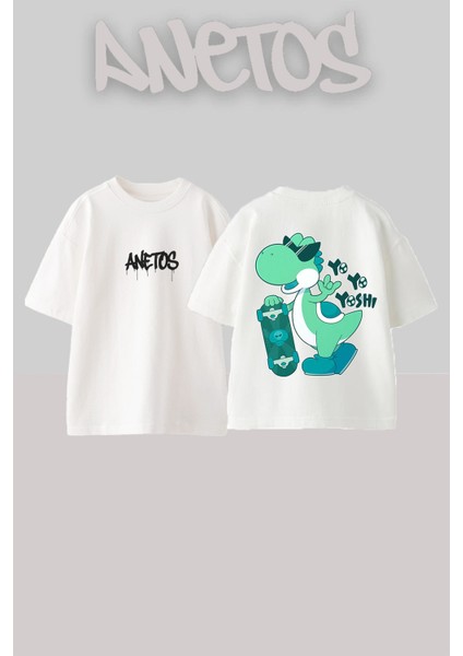 Baby Dino Tasarım Sırt Baskılı Pamuk Beyaz Oversize T-Shirt