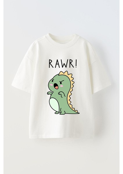 Rawr Dino Baskılı Ünisex Pamuk Beyaz Oversize T Shirt
