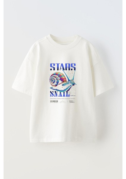 Stars Snail Ön Baskılı Pamuk Beyaz Oversize T Shirt