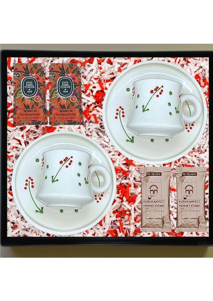 El Yapımı Iki Kişilik Çiçek Desenli Seramik Türk Kahve Seti