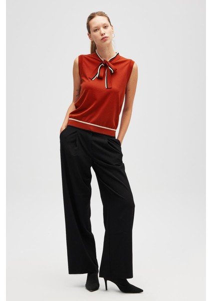 Priscilla Çizgi Detaylı Fiyonklu Kadın Triko Bluz - Kiremit