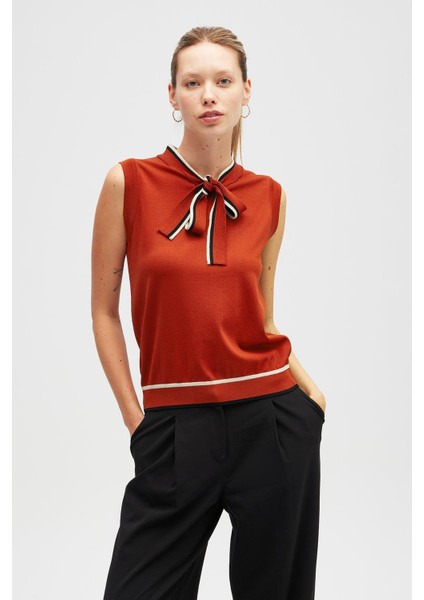 Priscilla Çizgi Detaylı Fiyonklu Kadın Triko Bluz - Kiremit fiyatları