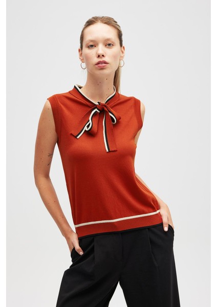 Priscilla Çizgi Detaylı Fiyonklu Kadın Triko Bluz - Kiremit modelleri