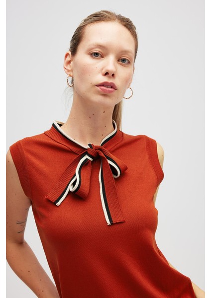 Priscilla Çizgi Detaylı Fiyonklu Kadın Triko Bluz - Kiremit fırsatları