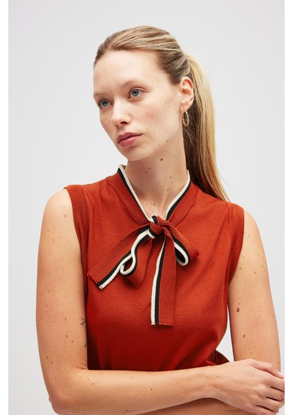 Priscilla Çizgi Detaylı Fiyonklu Kadın Triko Bluz - Kiremit