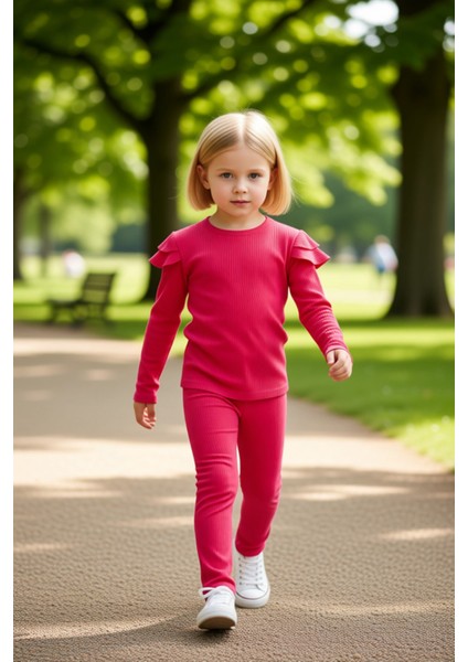 Kız Çocuk Pamuklu Fitilli Üst ve Geniş Paça Tayt Takımı Kaliteli Şık Rahat Günlük