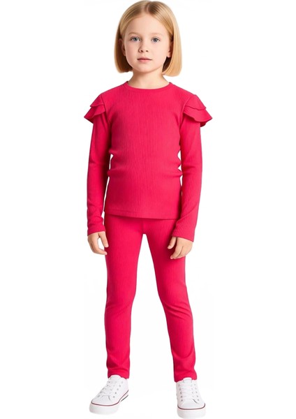 Kız Çocuk Pamuklu Fitilli Üst ve Geniş Paça Tayt Takımı Kaliteli Şık Rahat Günlük fırsatları