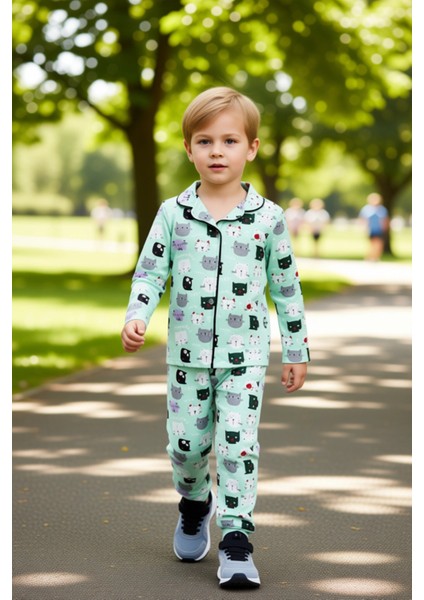 Çocuk Pijama Takımı Kedi Desenli Uzun Kollu Pamuklu Dokunuş Kaliteli Şık Rahat modelleri