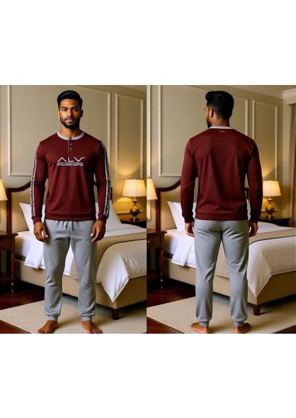 Erkek Pamuklu Kahve Desenli Renk Pijama Takımı AL003