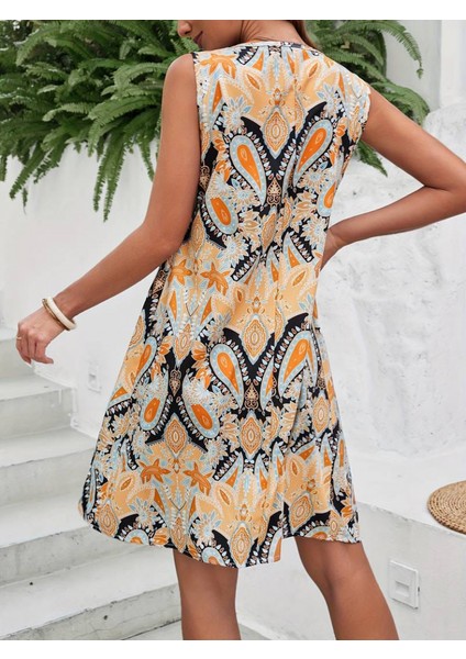 Kadın Sıfır Kol Yuvarlak Yaka Çiçek Desenli Süprem Elbise modelleri