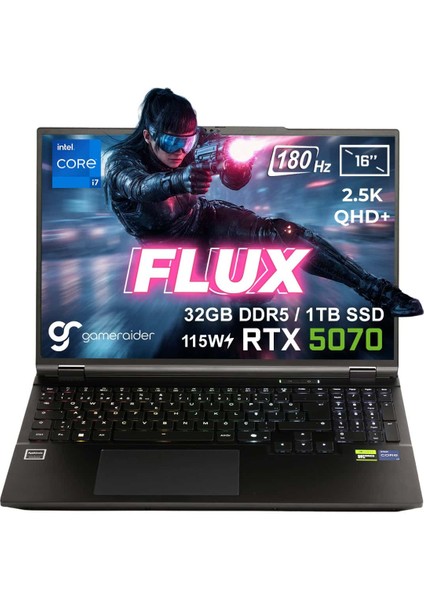 FLUX GR16 Intel Core i7-14650HX 32GB DDR5 1TB SSD RTX 5070 8GB 115W 16 inç 2.5K QHD+ 180Hz FreeDos Gaming Laptop