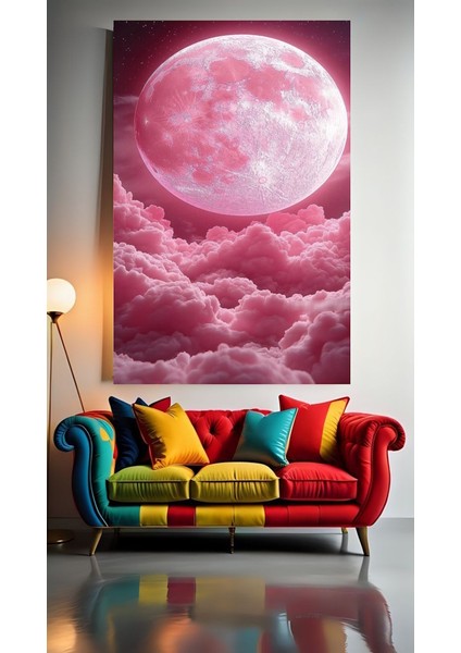 Pembe Dolunay 1 Ev Duvar Salon Güzellik Salonu Ofis Dükkan Dekarasyon Kanvas Tablo