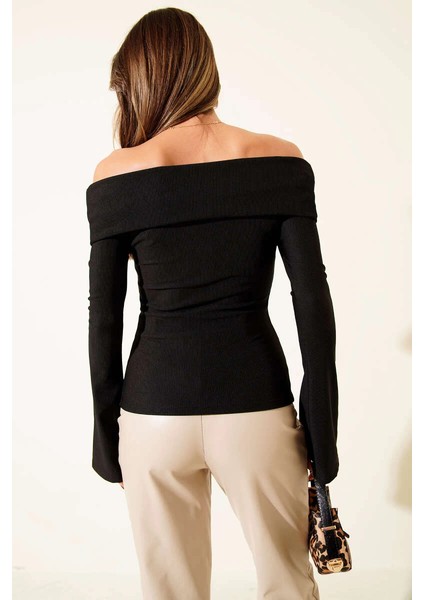 Omzu Açık Fermuarlı Bluz Siyah T4330 fırsatları