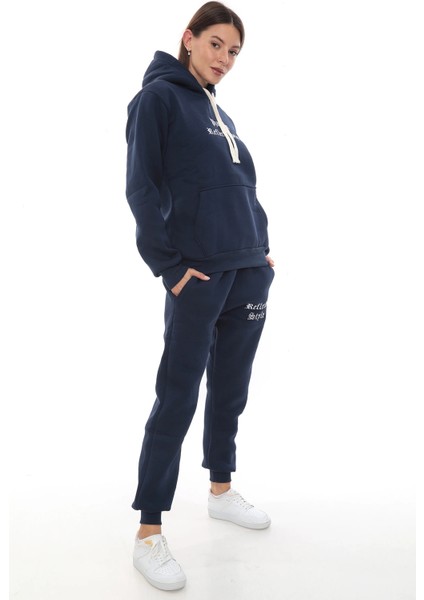 Mavi Şık Polarlı Kadın Eşofman Takımı Paça Lastikli Cepli Kapüşonlu Nakış Detaylı Compact Takım