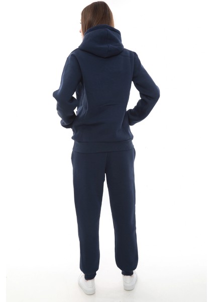 Mavi Şık Polarlı Kadın Eşofman Takımı Paça Lastikli Cepli Kapüşonlu Nakış Detaylı Compact Takım fiyatları