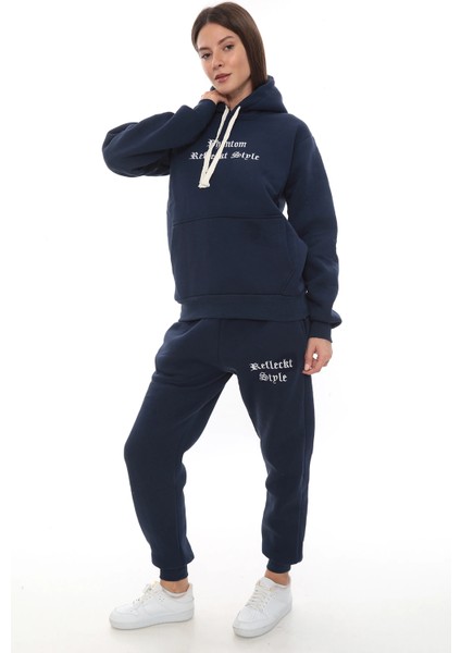 Mavi Şık Polarlı Kadın Eşofman Takımı Paça Lastikli Cepli Kapüşonlu Nakış Detaylı Compact Takım modelleri