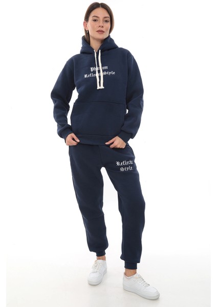Mavi Şık Polarlı Kadın Eşofman Takımı Paça Lastikli Cepli Kapüşonlu Nakış Detaylı Compact Takım fırsatları
