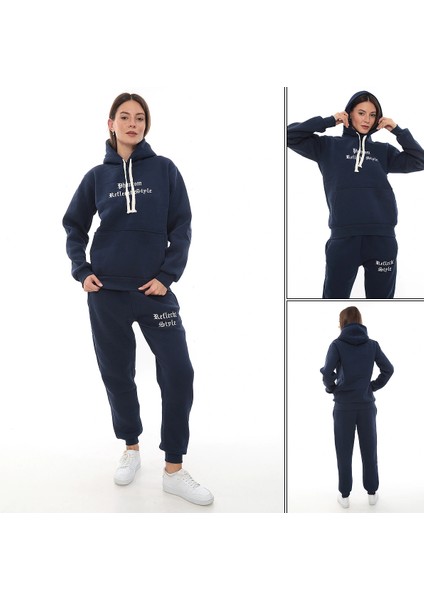 Mavi Şık Polarlı Kadın Eşofman Takımı Paça Lastikli Cepli Kapüşonlu Nakış Detaylı Compact Takım indirimleri