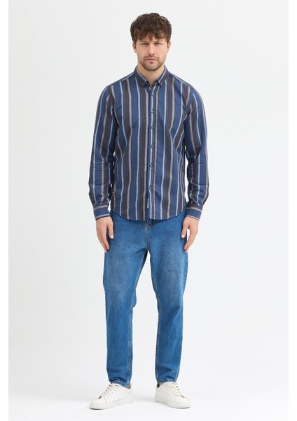 Erkek Dikine Çizgili Melanj Button Down Regular Fit Pamuk Polyester Gömlek