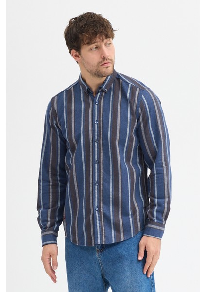 Erkek Dikine Çizgili Melanj Button Down Regular Fit Pamuk Polyester Gömlek modelleri