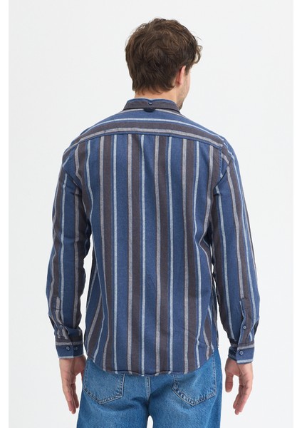 Erkek Dikine Çizgili Melanj Button Down Regular Fit Pamuk Polyester Gömlek