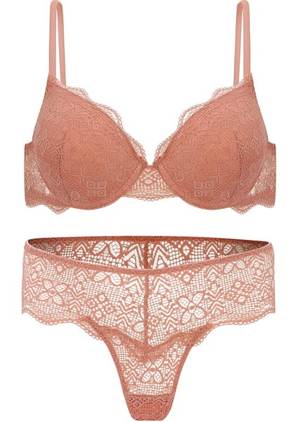 Anna 2735 Dantelli Dekolte Dolgulu Push-Up Sütyen ve Külot Takımı- Gül Kurusu