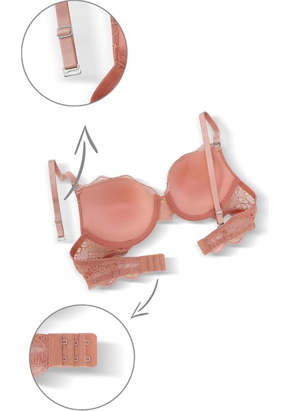 Anna 2735 Dantelli Dekolte Dolgulu Push-Up Sütyen ve Külot Takımı- Gül Kurusu