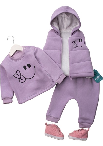 Smile Baskılı Yelekli Üç Ip Kız Takım