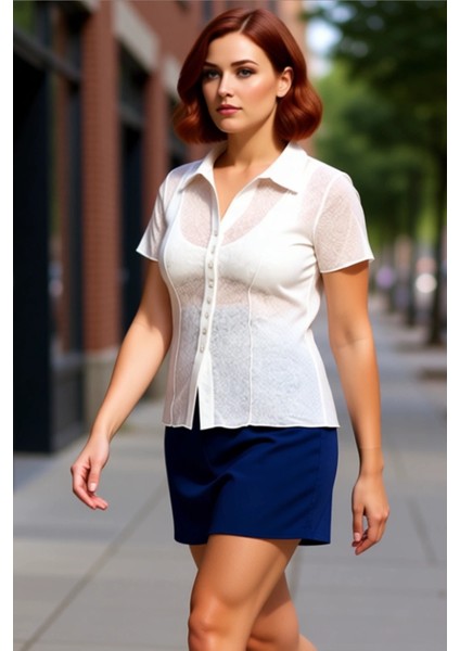 Kadın Vücuda Oturan Gömlek Yaka Kısa Kollu Esnek Örme Bluz Kaliteli Şık Rahat Modern