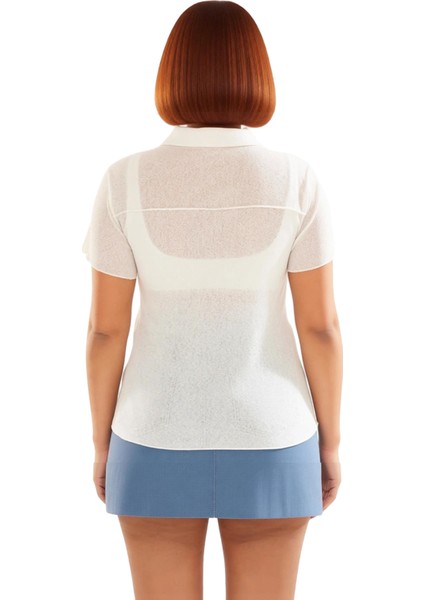 Kadın Vücuda Oturan Gömlek Yaka Kısa Kollu Esnek Örme Bluz Kaliteli Şık Rahat Modern fırsatları