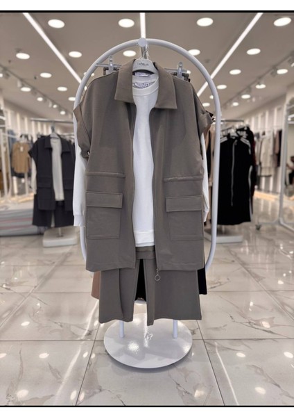 Kadın Belden Büzgülü Çift Cepli Yelekli Üçlü Üst Kalite Iki Iplik Takım