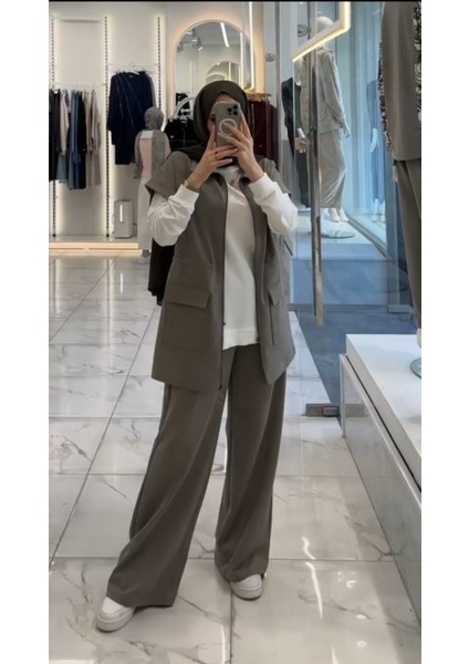 Kadın Belden Büzgülü Çift Cepli Yelekli Üçlü Üst Kalite Iki Iplik Takım fiyatları