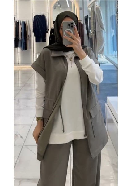 Kadın Belden Büzgülü Çift Cepli Yelekli Üçlü Üst Kalite Iki Iplik Takım fırsatları