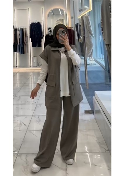 Kadın Belden Büzgülü Çift Cepli Yelekli Üçlü Üst Kalite Iki Iplik Takım indirimleri