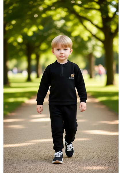 Erkek Çocuk Bisiklet Yaka Fermuarlı Baskılı Örme Alt Üst Takım Kaliteli Şık Rahat