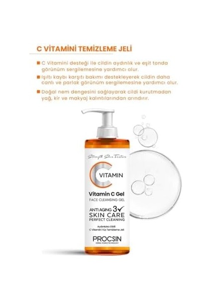 Procsın C Vitamini Yüz Temizleme Jeli, Aydınlatıcı & Arındırıcı, Cilt Canlandırıcı & Nemlendirici, Günlük Derinlemesine Temizlik, 150 ml