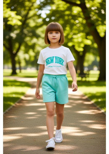 Kız Çocuk %100 Pamuk Rahat Slogan Baskılı Kısa Kollu Üst ve Şort Takımı Kaliteli Şık Rahat