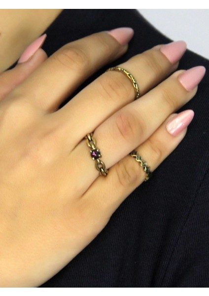 Doğal Taşlı 3'lü Garnet (Lal) Doğal Taşlı Zincir Modelli Kadın Ayarlanabilir Yüzük Seti EUY83