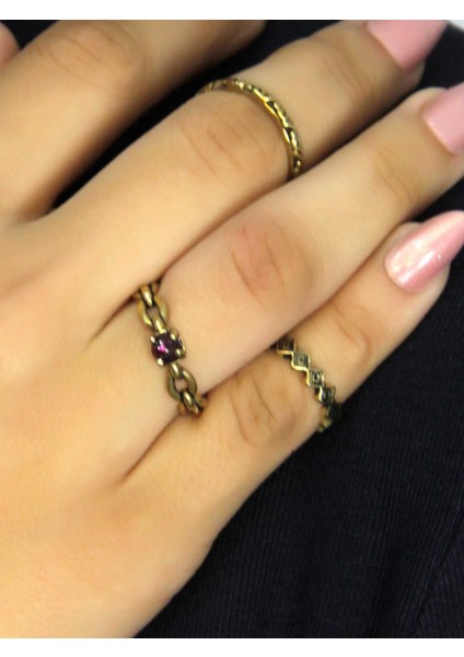 Doğal Taşlı 3'lü Garnet (Lal) Doğal Taşlı Zincir Modelli Kadın Ayarlanabilir Yüzük Seti EUY83 fiyatları