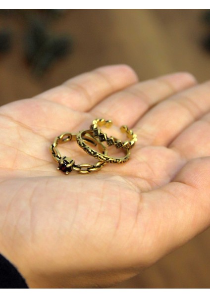 Doğal Taşlı 3'lü Garnet (Lal) Doğal Taşlı Zincir Modelli Kadın Ayarlanabilir Yüzük Seti EUY83 modelleri