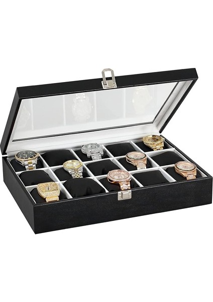 15 Li Siyah Deri Ahşap Üzeri Cam Saat Kutusu ST15-23